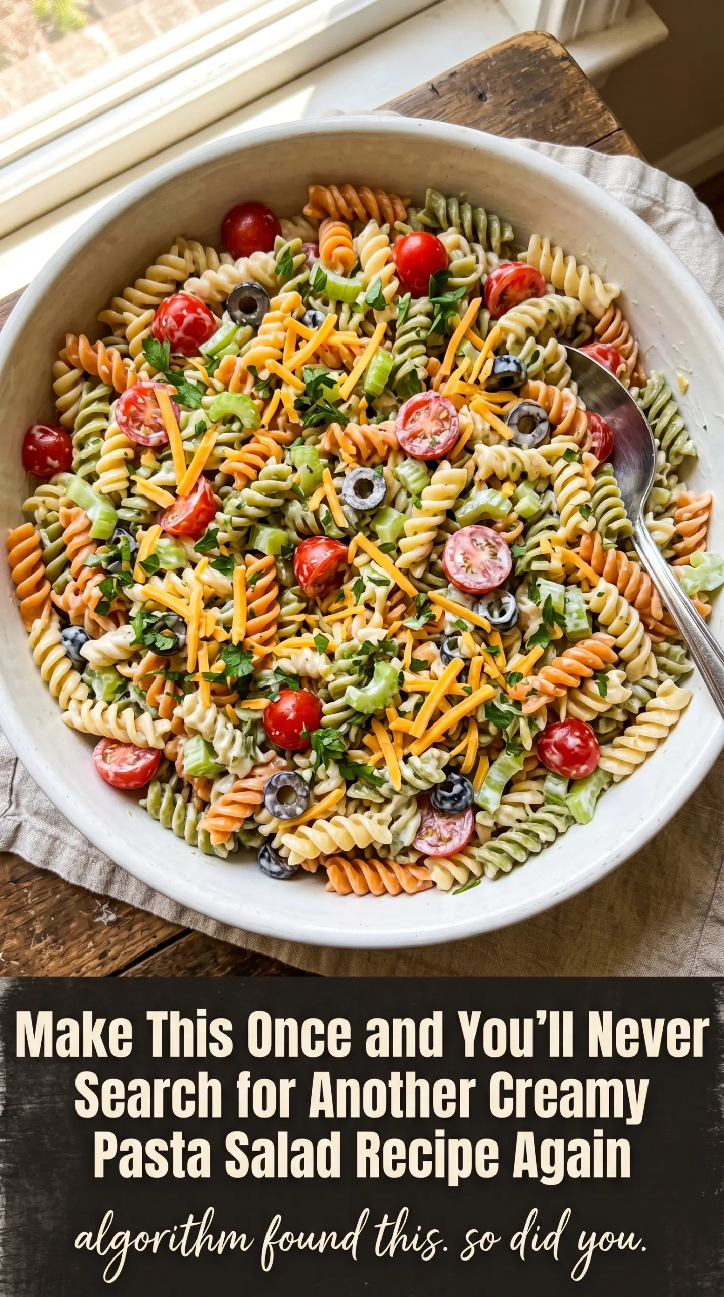 Creamy pasta salad with ham, vegetables, and tangy dressing