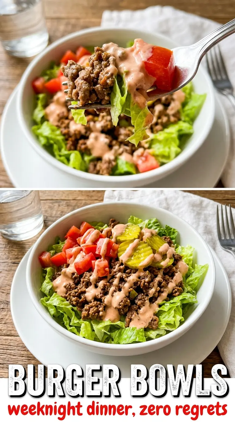 Burger Bowls juicy toppings, crisp lettuce, burger sauce