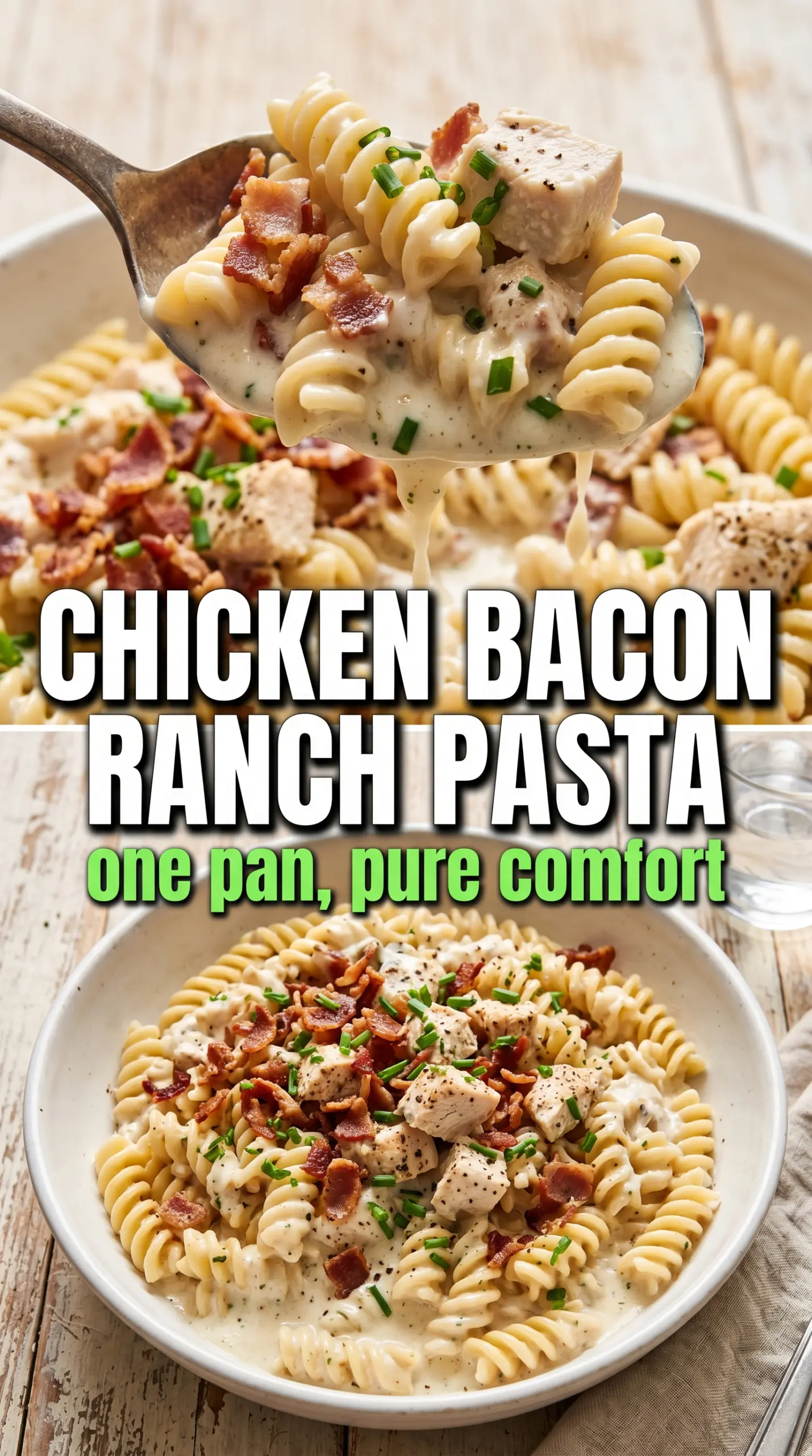 Creamy Chicken Bacon Ranch Pasta with rigatoni, crispy bacon, and cheesy sauce