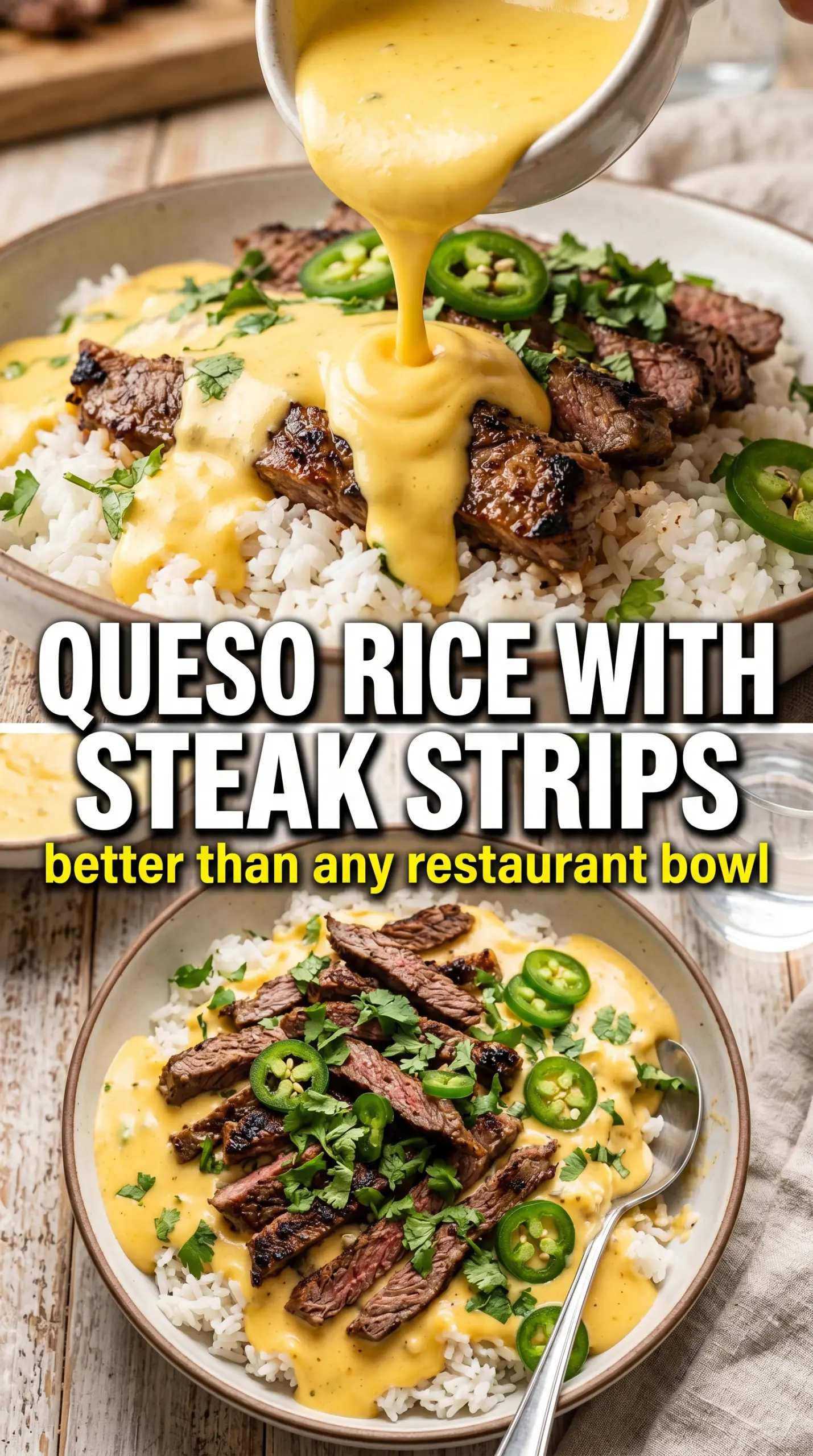 Creamy Queso Rice with Steak Strips, cheesy Tex-Mex, loaded bowl