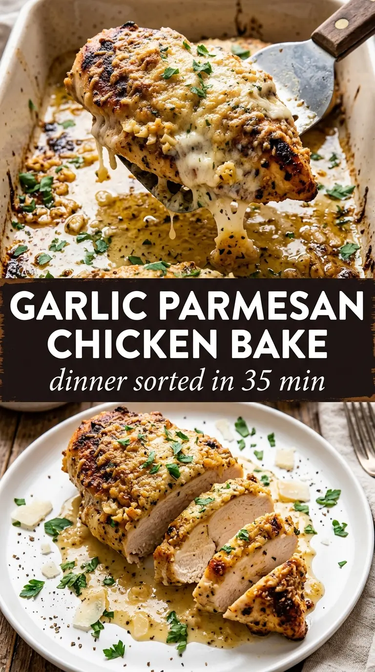 Garlic Parmesan Chicken Bake golden crust, baked chicken, crispy topping