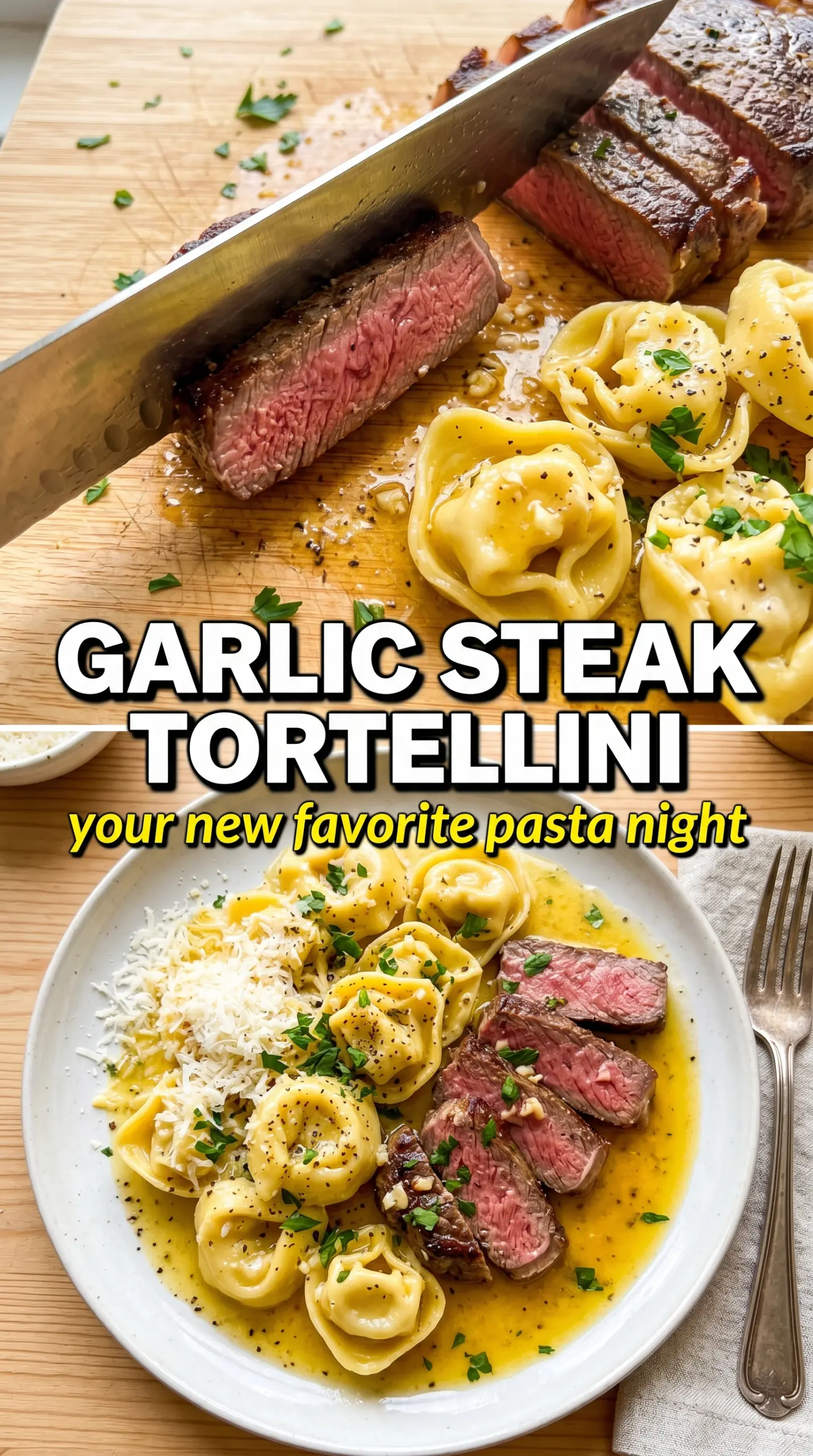 Garlic Steak Tortellini, cheesy, garlicky, rich