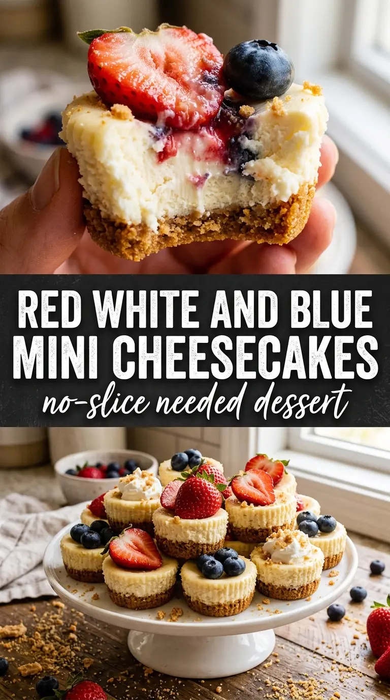 Red, White and Blue Mini Cheesecakes with berries and whipped cream