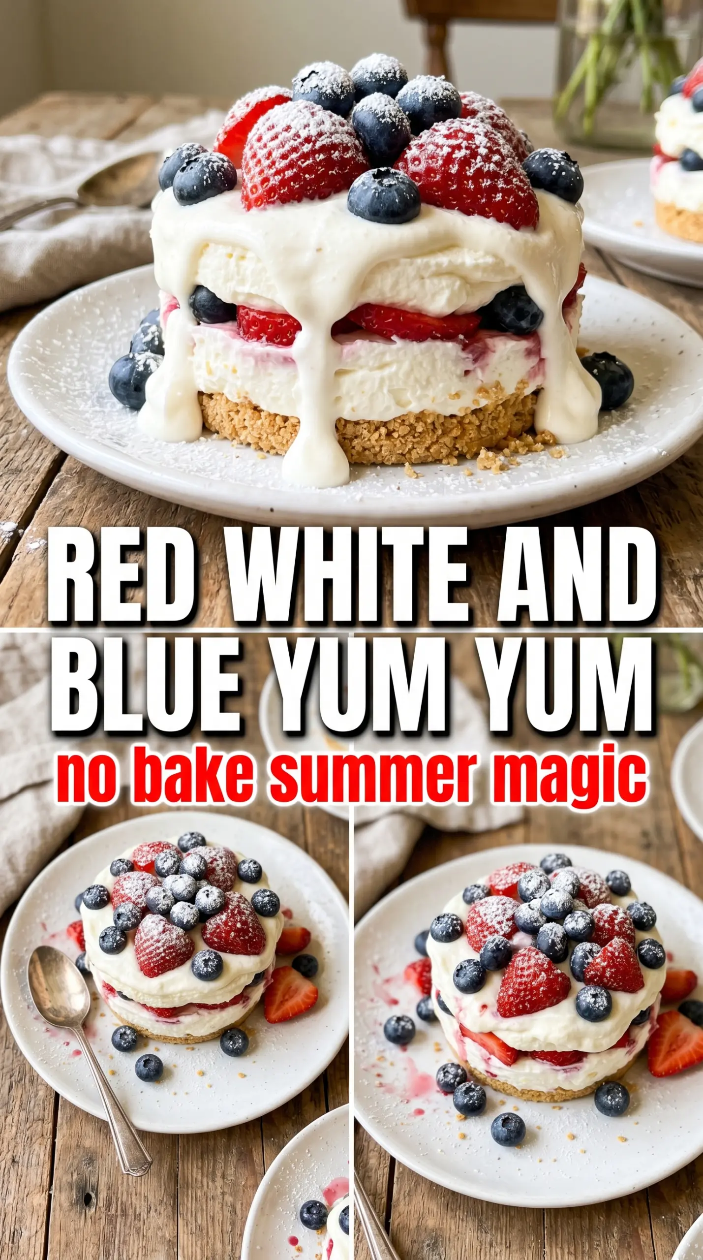 Red, White and Blue Mixed Berry Yum Yum layered dessert patriotic squares