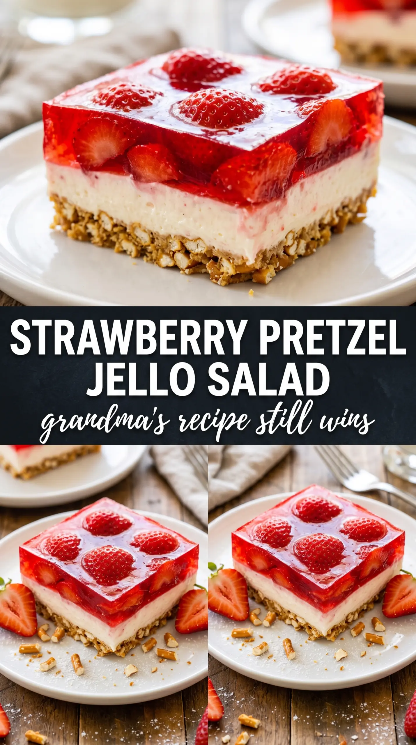 Strawberry Pretzel Jello Salad layered dessert, creamy, fruity, crisp