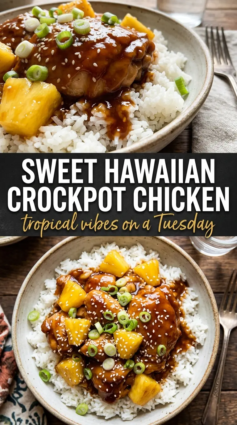 Sweet Hawaiian Crockpot Chicken with pineapple, sticky glaze, shredded chicken