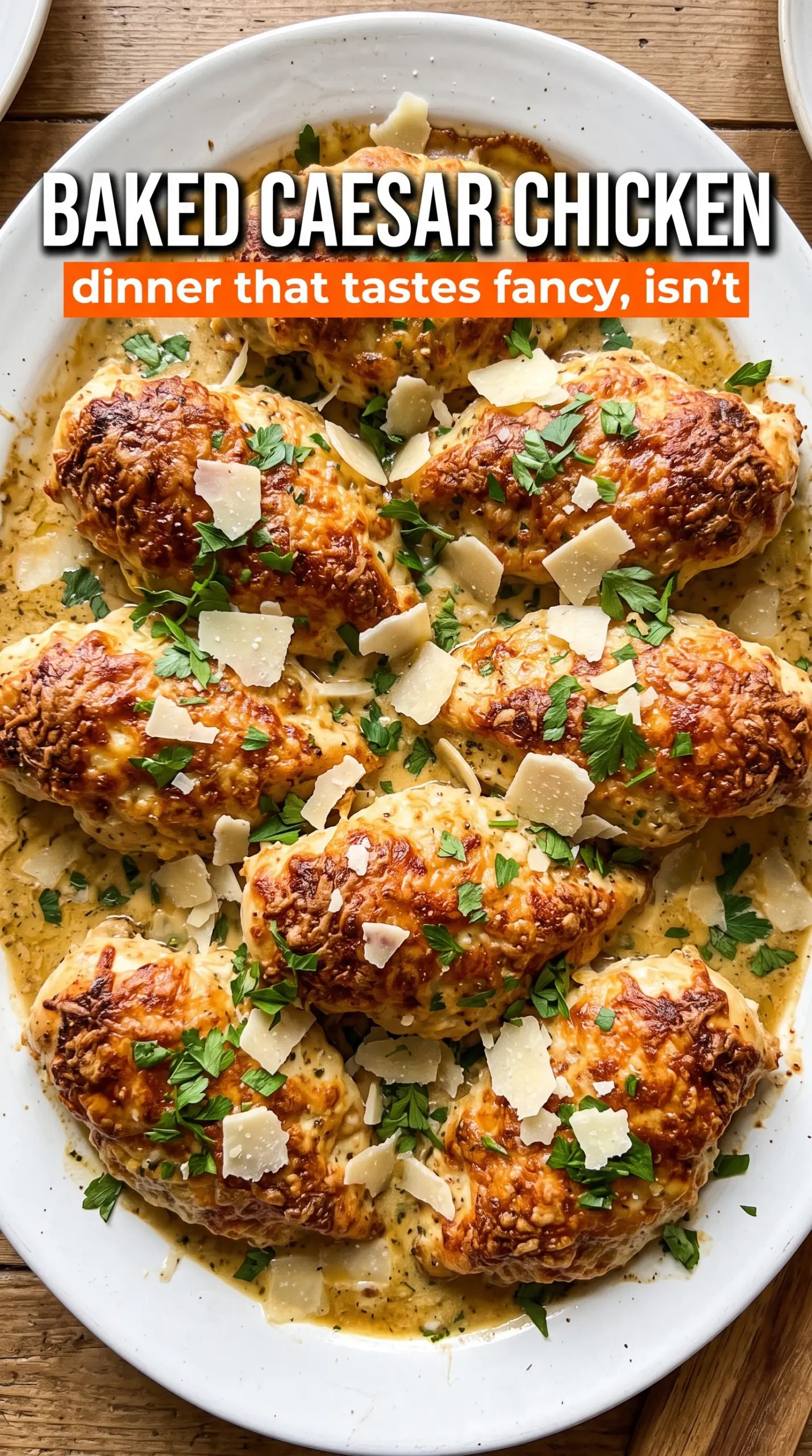 Baked Caesar Chicken golden Parmesan crust