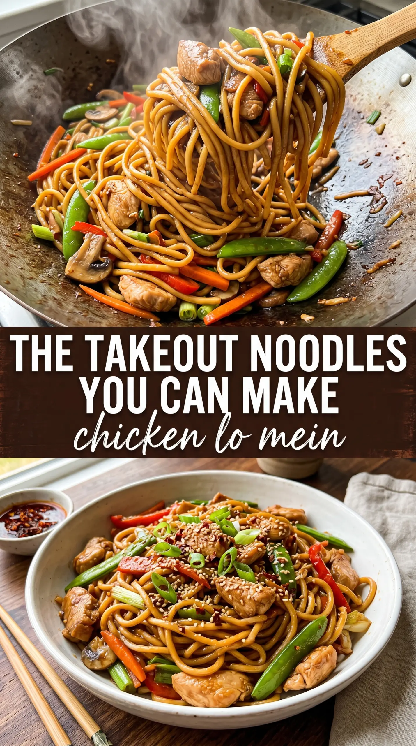 Chicken lo mein glossy noodles, tender chicken, vegetables