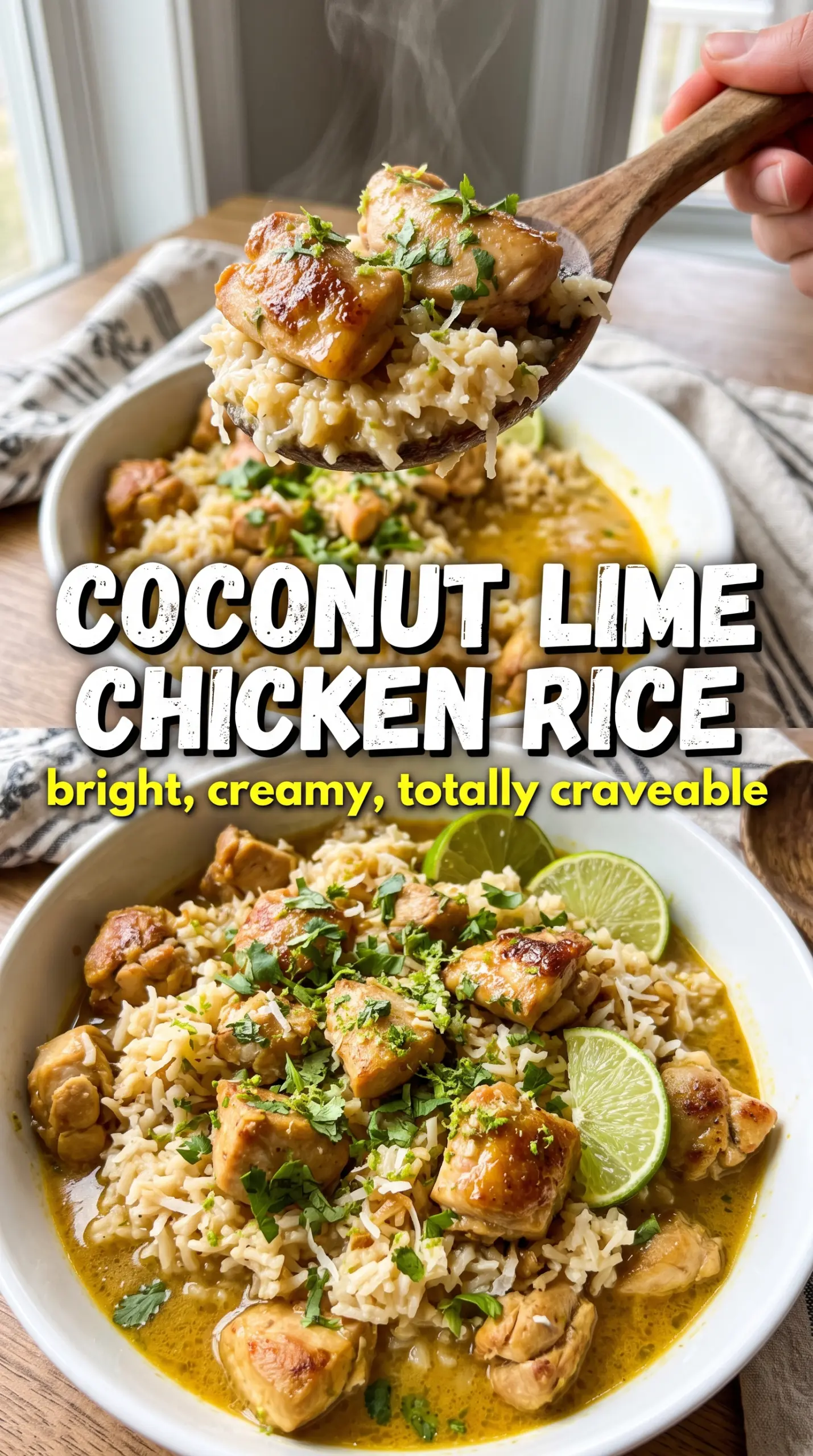 Coconut Lime Chicken and Rice with creamy coconut rice, golden chicken, fresh lime