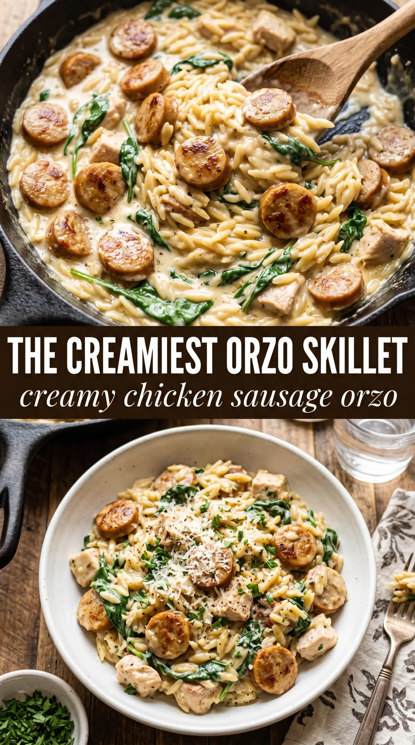 Creamy Chicken Sausage Orzo creamy glossy skillet