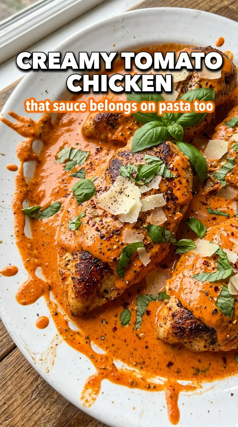 Creamy Tomato Chicken, silky pink sauce, basil garnish