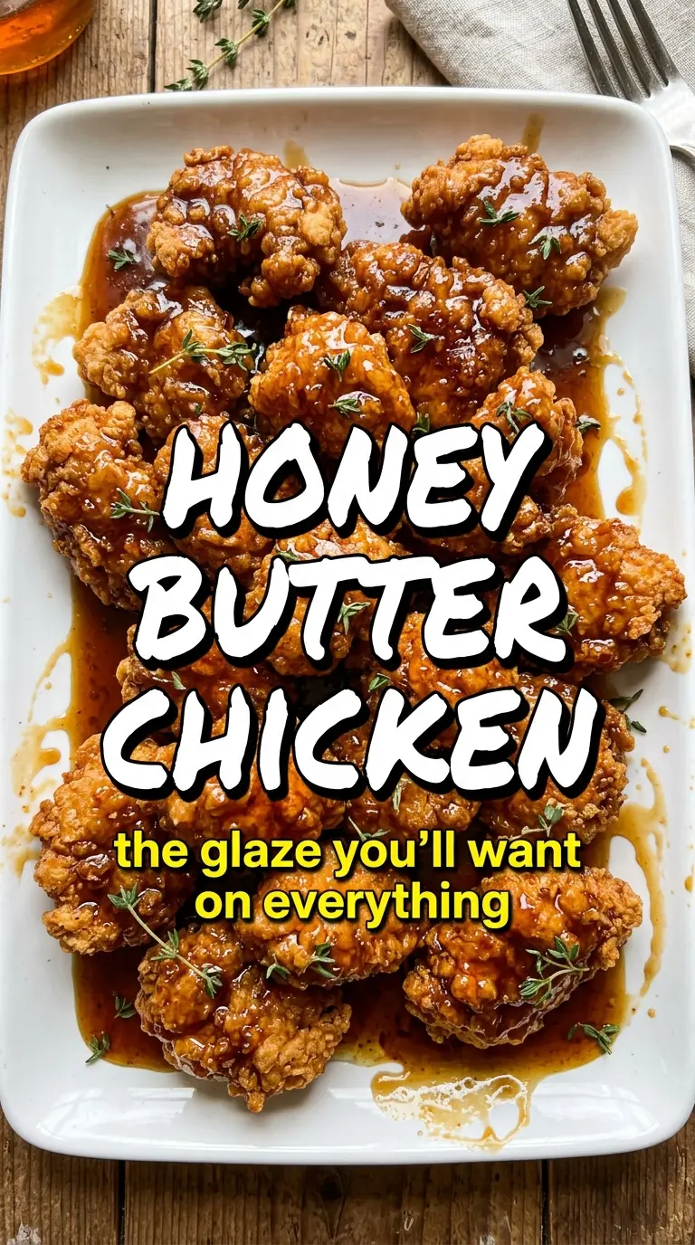 Honey Butter Chicken with glossy glaze, golden chicken, garlic bits