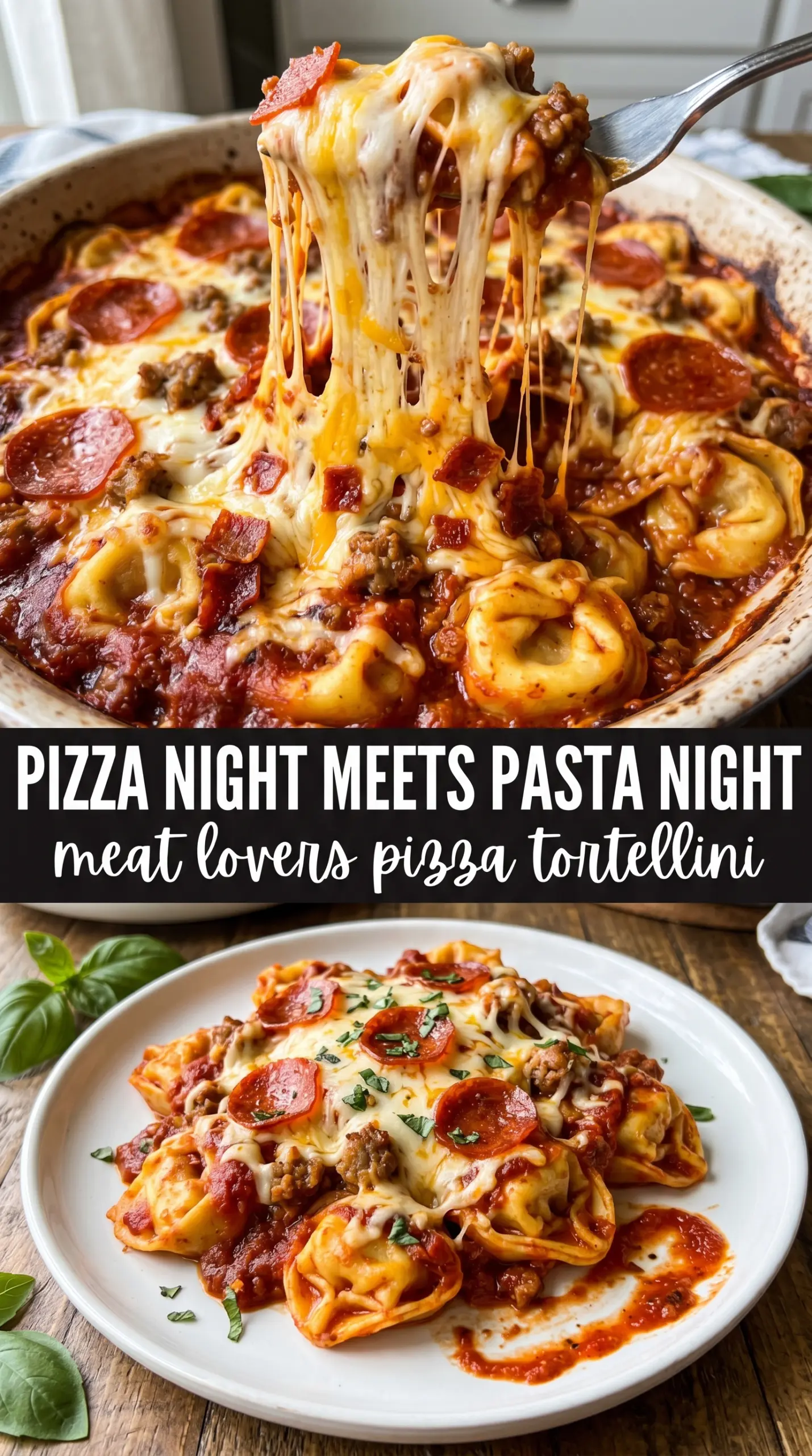 meat lovers pizza tortellini skillet, cheesy, saucy, hearty