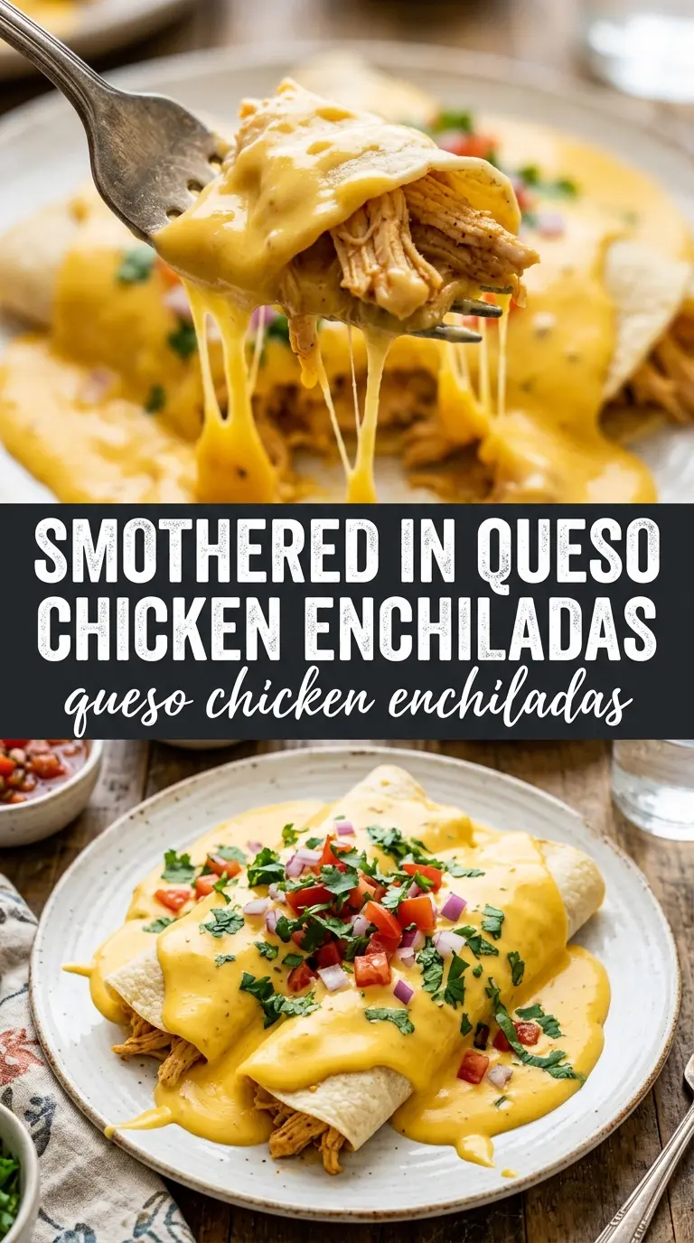 Queso Chicken Enchiladas cheesy creamy bubbling