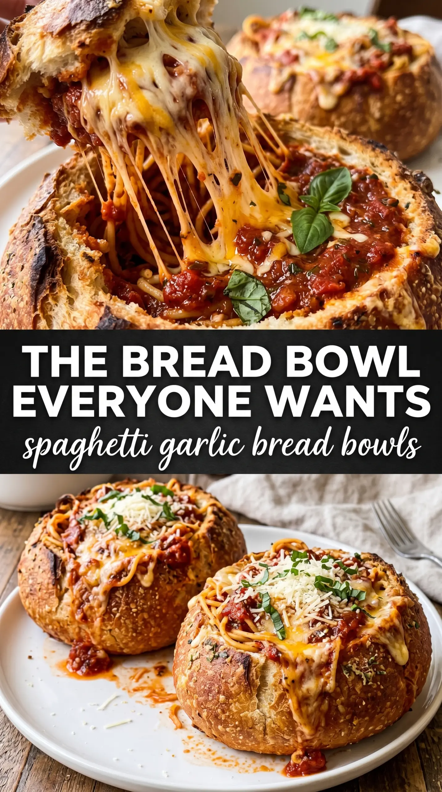 Spaghetti Garlic Bread Bowls cheesy garlic bread, saucy pasta, crispy bowls