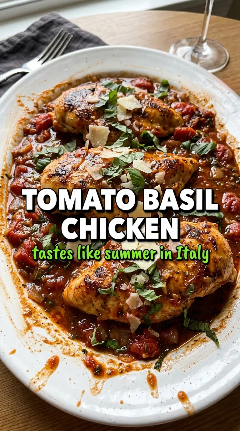 Tomato Basil Chicken Breasts with bright tomato sauce and fresh basil