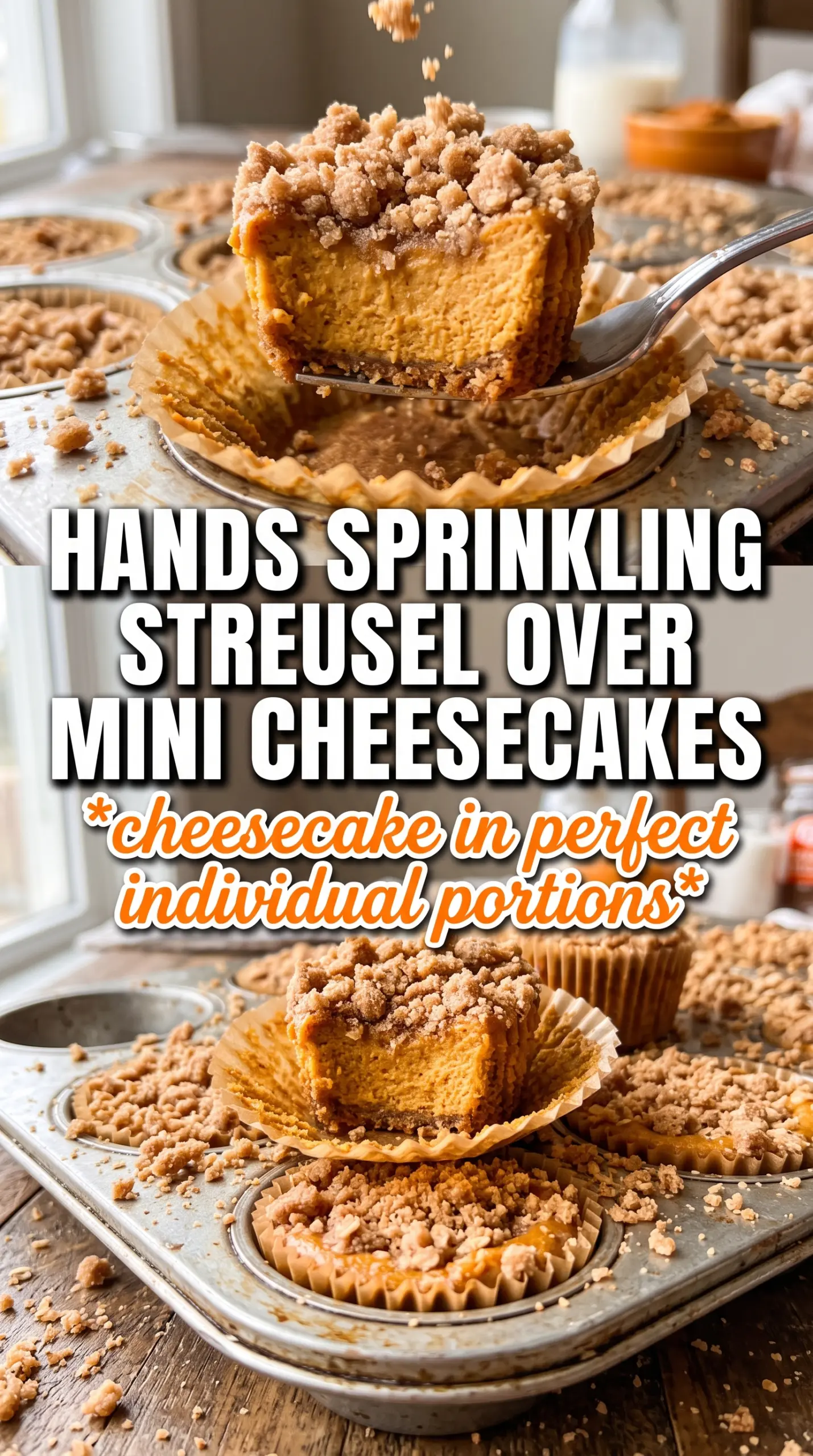 Mini pumpkin cheesecakes with streusel topping, creamy pumpkin, crumb topping