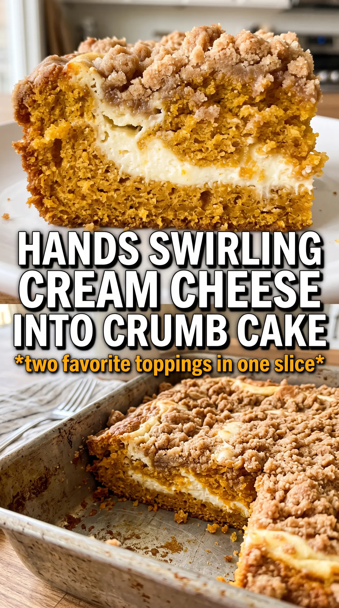 Pumpkin cream cheese crumb cake, creamy swirl, buttery crumb topping