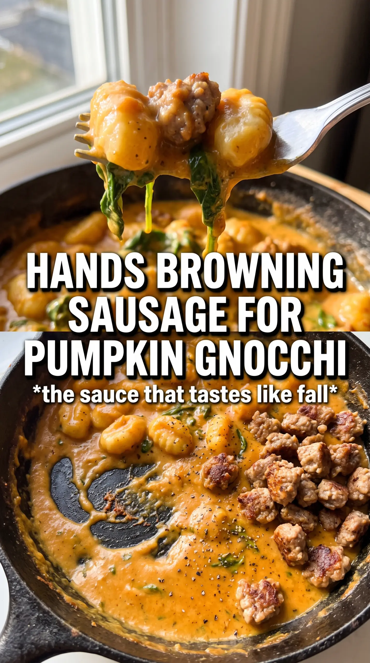 Pumpkin Gnocchi With Spinach And Sausage creamy skillet, golden gnocchi, savory