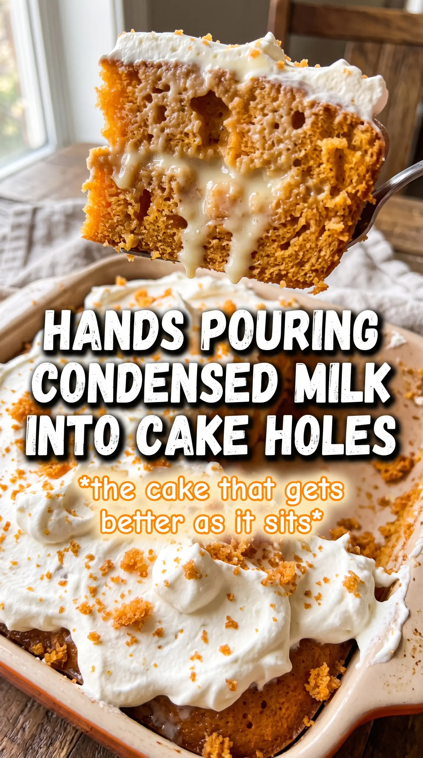 Pumpkin poke cake caramel whipped topping toffee