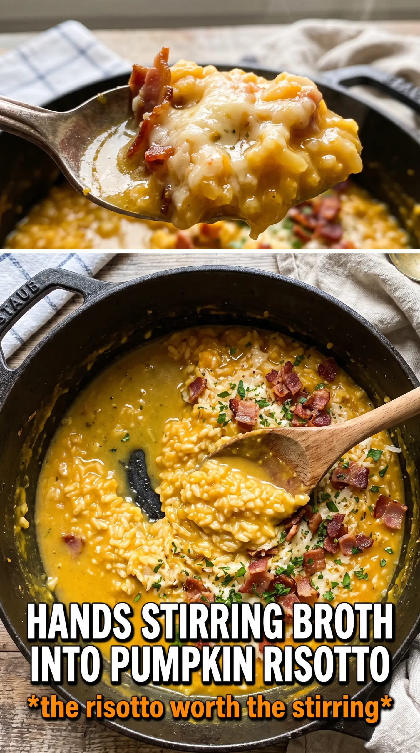 Pumpkin risotto with bacon and parmesan creamy golden