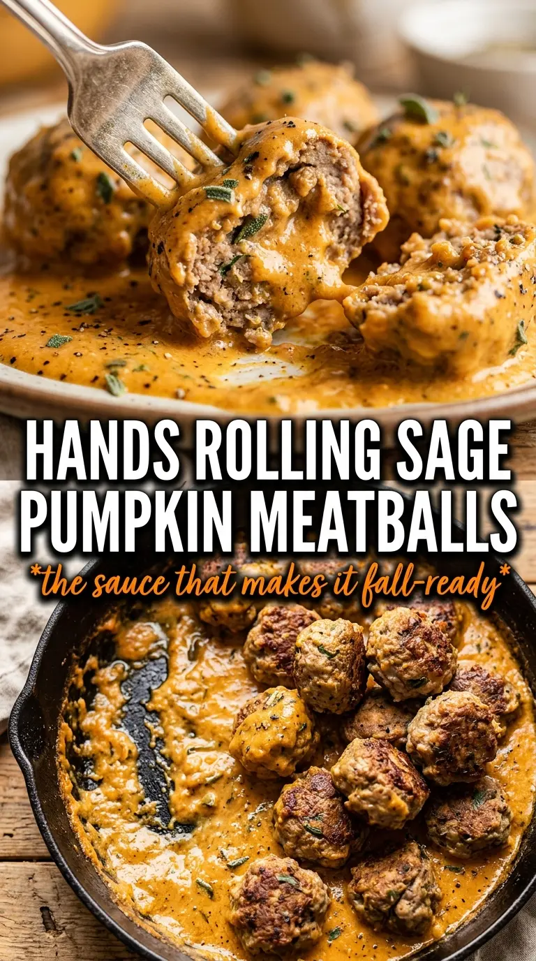 Pumpkin sage meatballs with pumpkin cream sauce, browned, savory